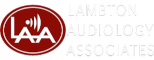 Logo for Lambton Audiology Associates featuring a red circle with the white letters LAA and sound wave symbols. The full name appears in light text to the right of the circle.